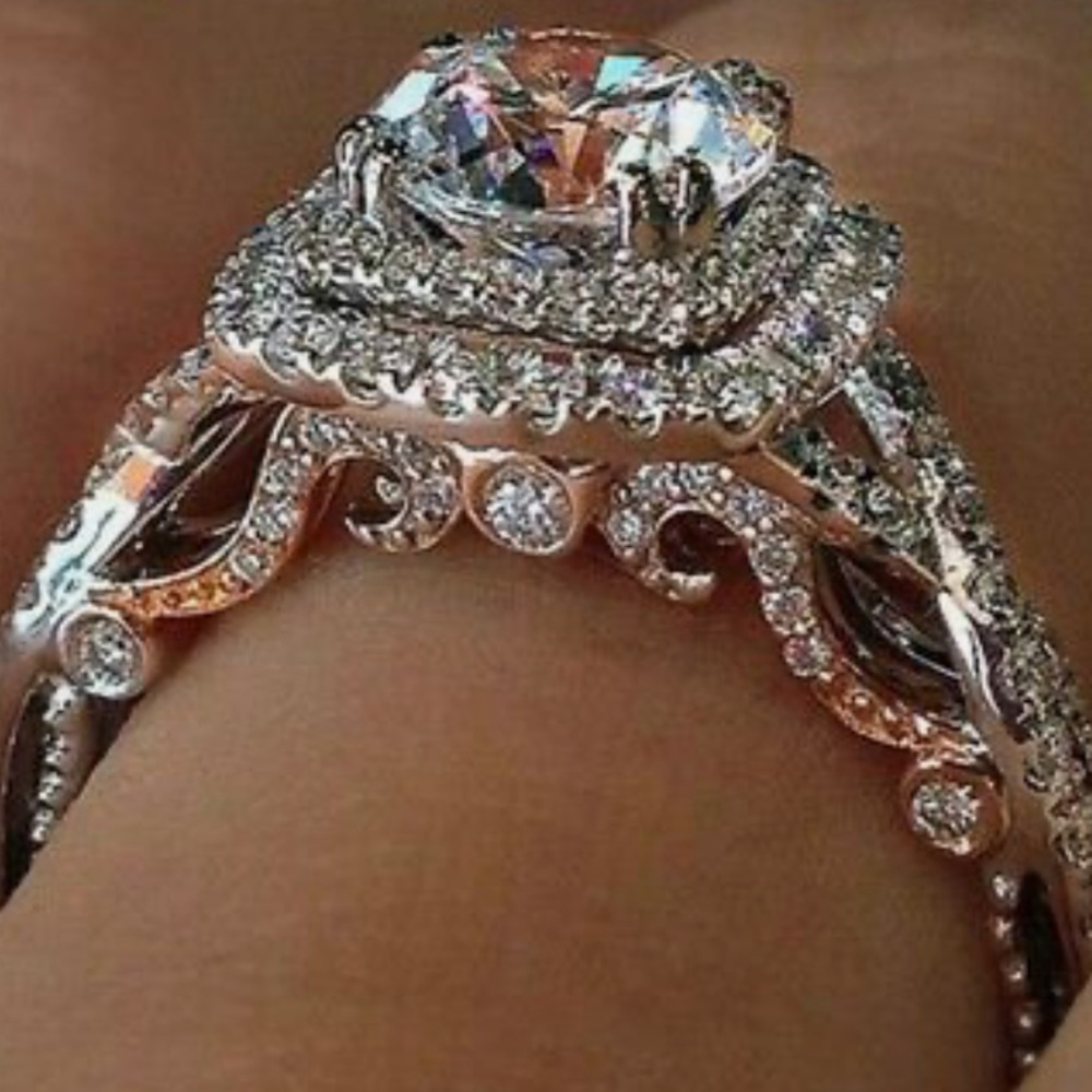 18k Rose Gold/925 Sterling Silver Vintage Style Double Halo Zircon Diamond Ring
